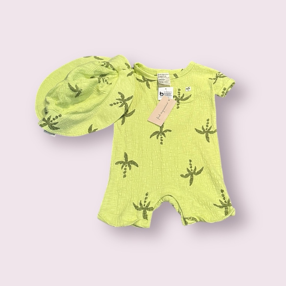 NWT First Impressions Light Green Baby Outfit Tropical Palm With Hat Sz 3-6 Mon